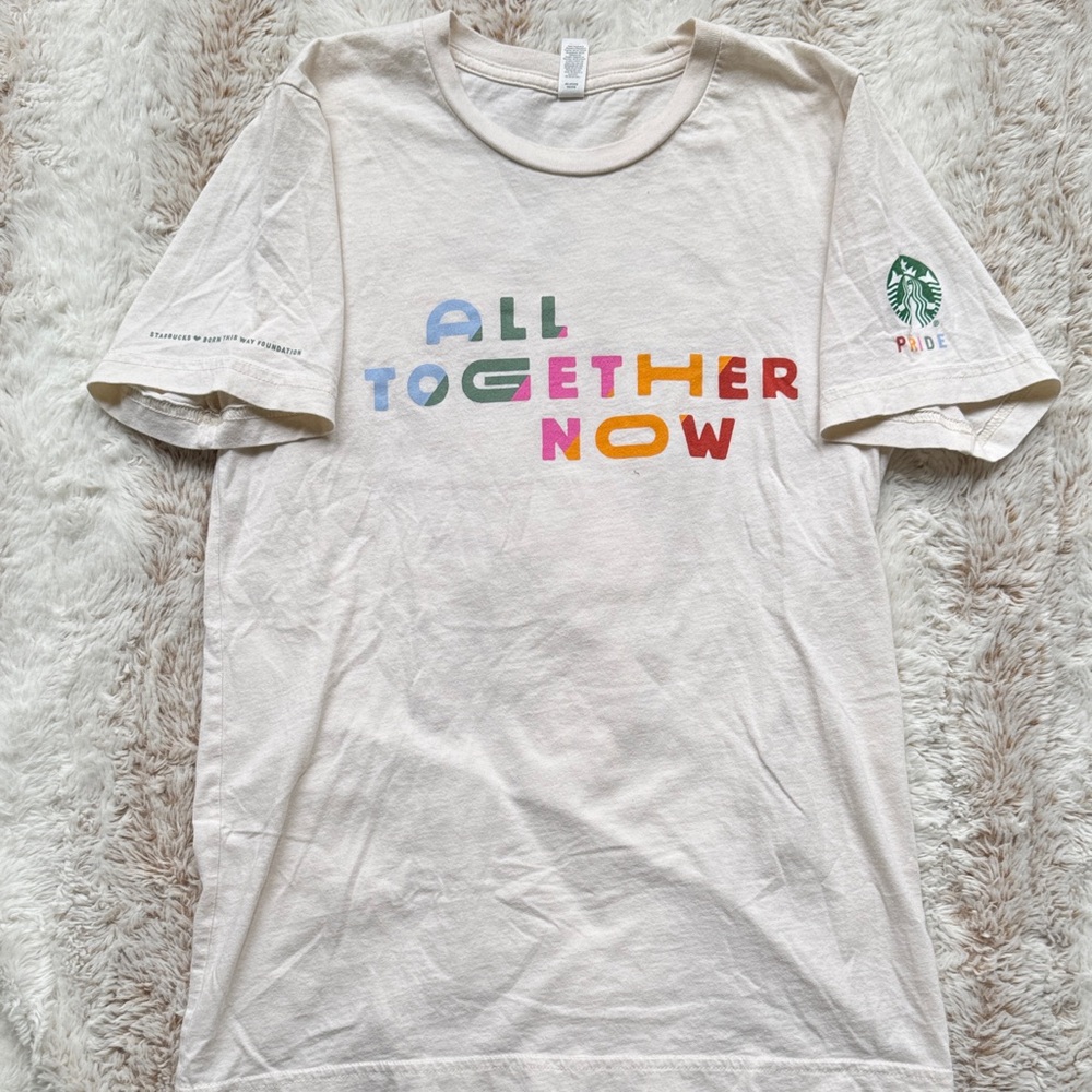 Starbucks Lady Gaga Pride Cream T-Shirt with Multicolor Text Size XS